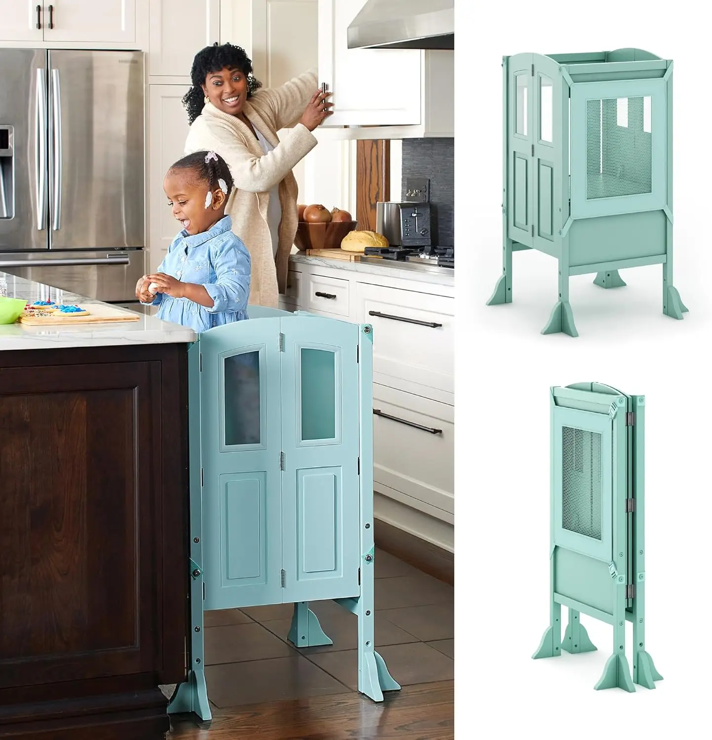 Stewart Kitchen Helper ® Toddler Tower - Mint: Premium Kids Wood Foldable Kitchen Platform, Adjustable Height Safety Step Stool