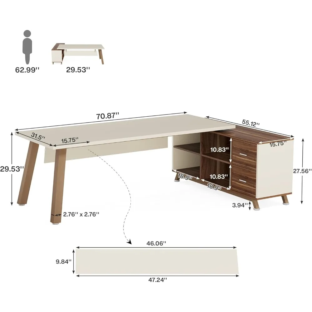 71-Inch Executive Desk, L-Shaped Desk with 55-Inch Cabinet, Large Office Desk with Storage Shelves, Modern Computer Desk