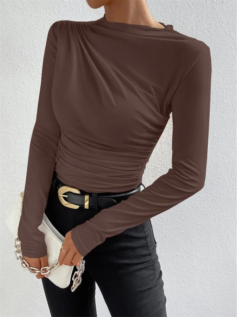 Fashionable Women's Slim Fit T-shirt Casual Solid Color Versatile Elegant Tops Ruffled Long-sleeved Round Neck Bottoming Shirt