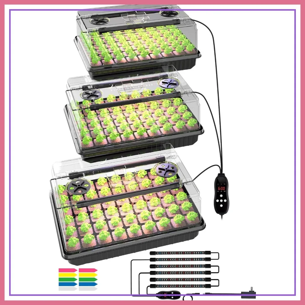 

Seed Starter Tray with Full Spectrum Grow Light, 54-Cell 3-Pack Kit, Humidity Dome, Auto Timer, Adjustable Brightness for Indoor Plants