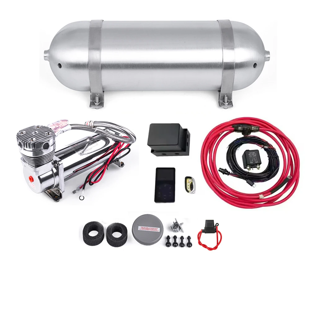 

Universal Economy Edition Air Management Kit Three-Segment Memory Air Ride Suspension Kit W/1x3Gallon Air Tank&1xCompressor Pump