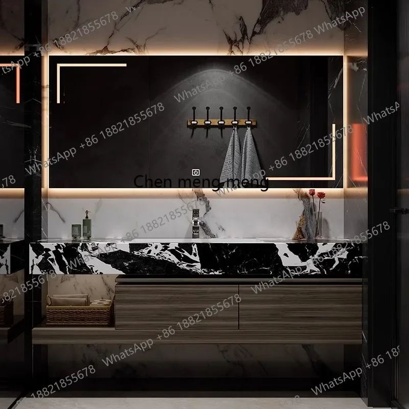 M02 Hotel wind rock slab seamless ceramic wash basin bathroom cabinet combination light luxury washstand