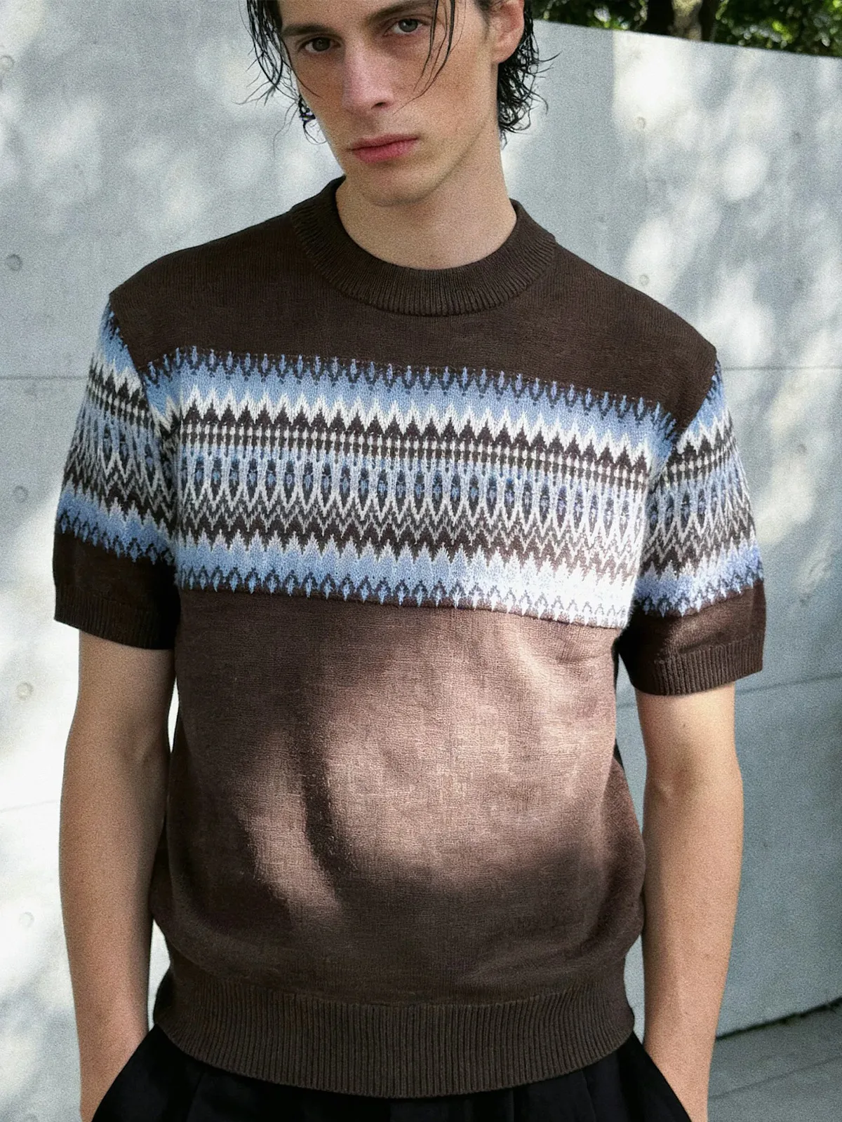 male shirts Wool blend old money style round neck knitted short sleeved breathable and cool short