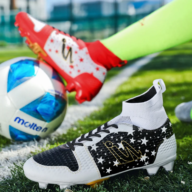 Sapatilhas masculinas de futebol leve alta, botas de futebol macias e respiráveis, chuteiras esportivas ao ar livre, tênis de treinamento de grama, TF, FG