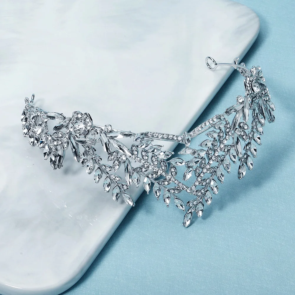 Vintage Silver Leaf Crystal Tiara Rhinestone Bridal Crown Wedding Hair Accessories for Women Prom Evening Party Gatsby Headpiece view 3