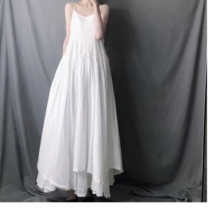 Retro Art Large Size White Dyed Halter Dress Asymmetrical Cotton Linen Vest Dress Travel Summer Casual round Neckline A-Line