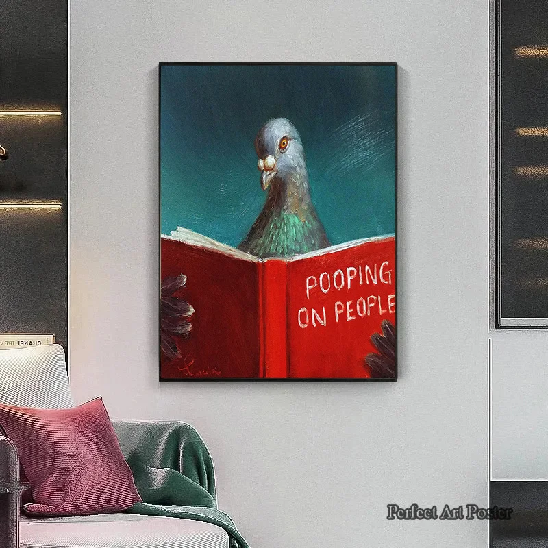 Pigeon Bird Reading Book Bathroom Funny Humorous Pet Canvas Painting Pooping on People Poster Wall Art Picture Toilet Room Decor