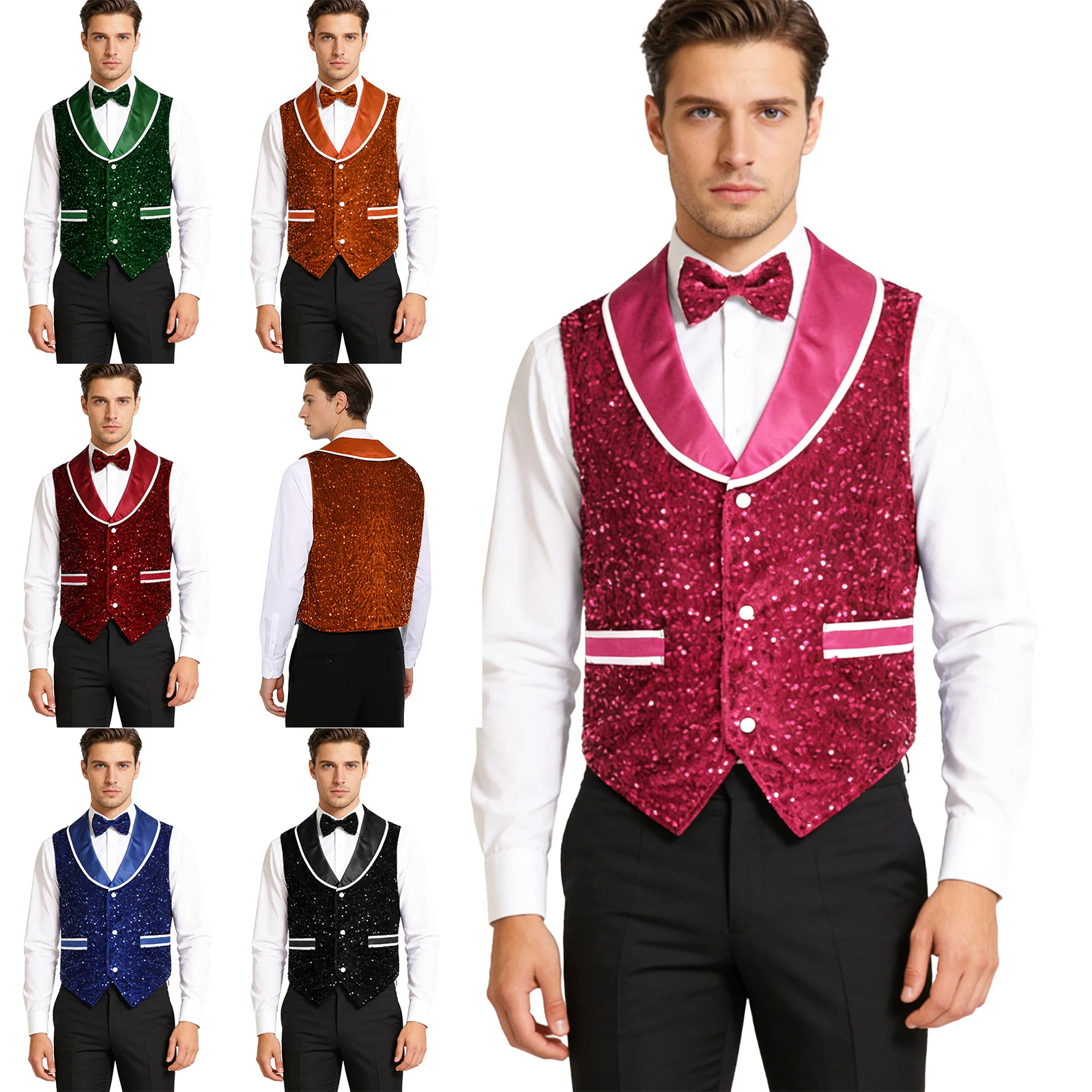 

Мужской блестящий жилет с блестками для диско-джаза, хип-хопа, танцевальный жилет, куртка с лацканами и пуговицами для хора, жилет с галстуком-бабочкой, свадебная вечеринка, коктейльная клубная одежда