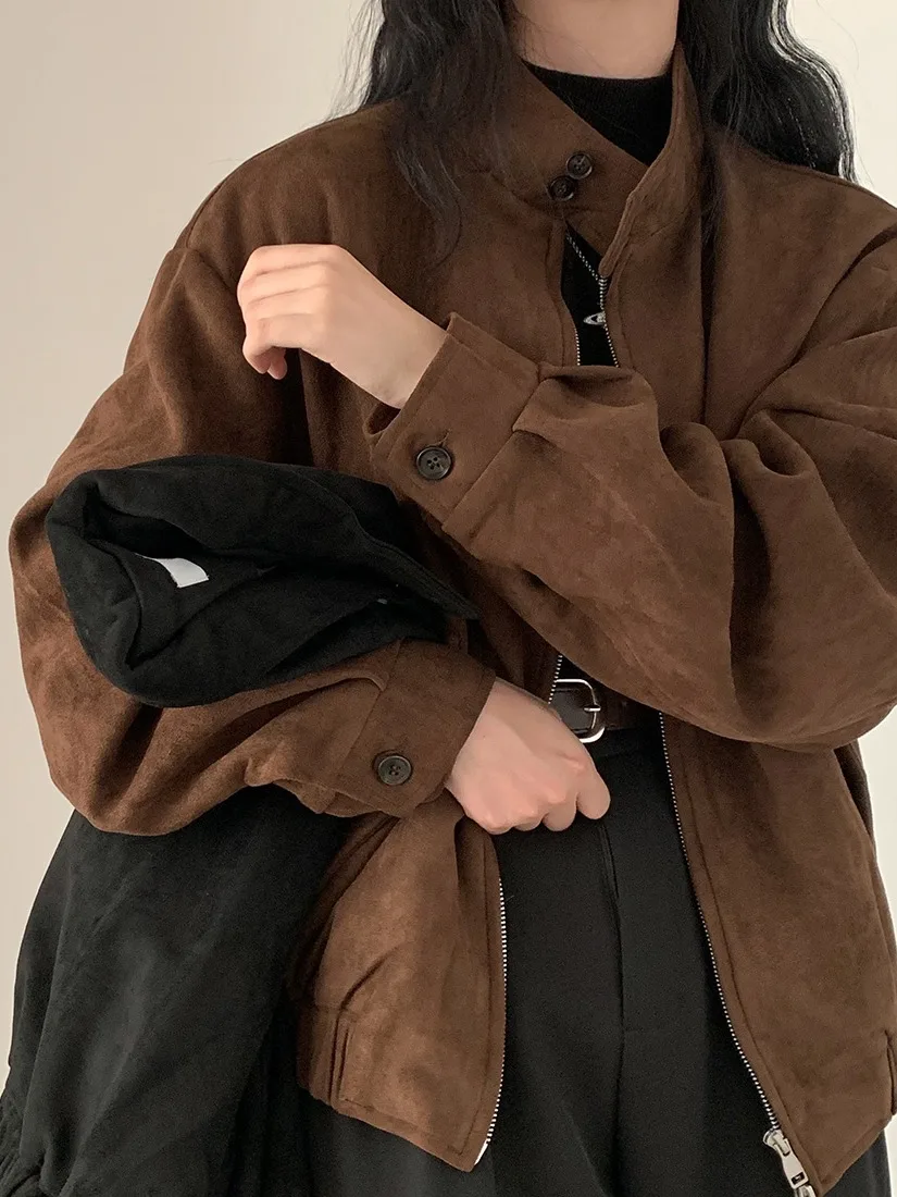 

Retro Double Zipper Stand Collar Loose All-Match Meral Deer Skin Velvet Jaet Women's Faionable Autumn Winter Outerwear