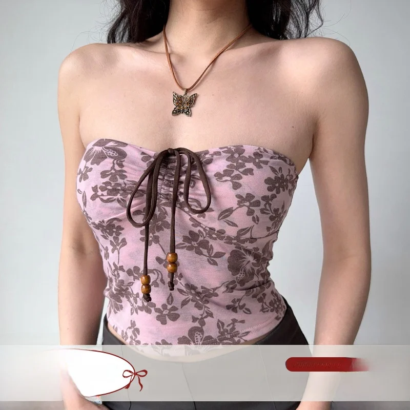 Go Girl Go Sexy Spicy Girl Print Strapless Vest Women's Outdoor Wear Short Style Belted Top Slim Fit Commute Style Summer Col...