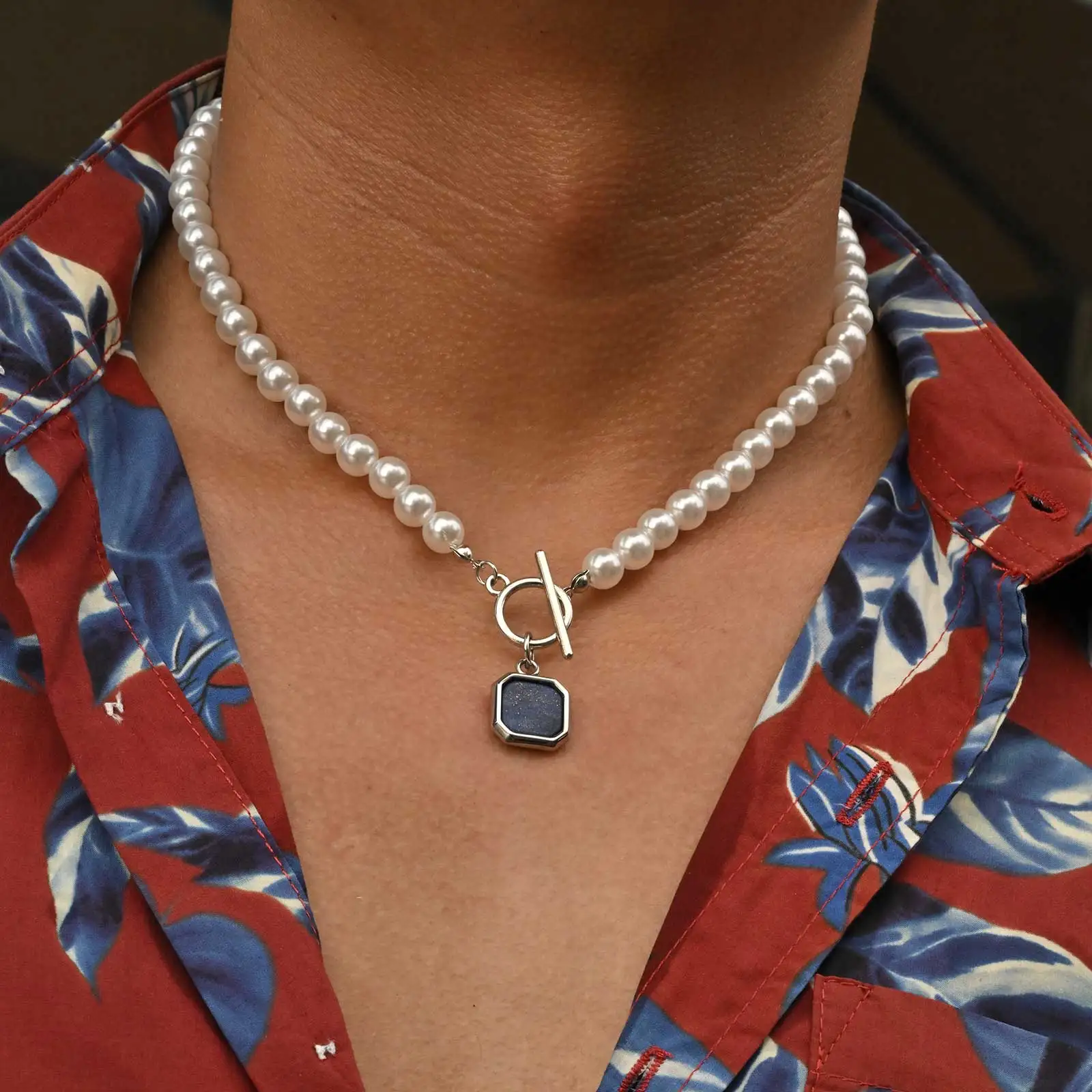 

Vnox Men's Stainless Steel Natural Stone Square Pendant Necklace, Imitation Pearl Chain 50cm, Jewelry Gift for Birthday Party