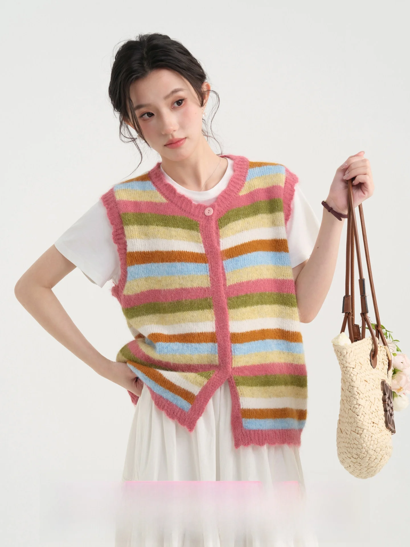 

Women's Knitted Stripe Vest Svel Top Korean Sle Artistic Loose Fit Breathable Spring Outerwear Durable round Ne
