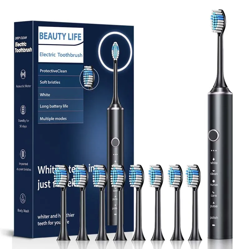 

Adult Rechargeable Sonic Electric Toothbrush with Soft Bristles Waterproof IPX7 Replacement Heads Set