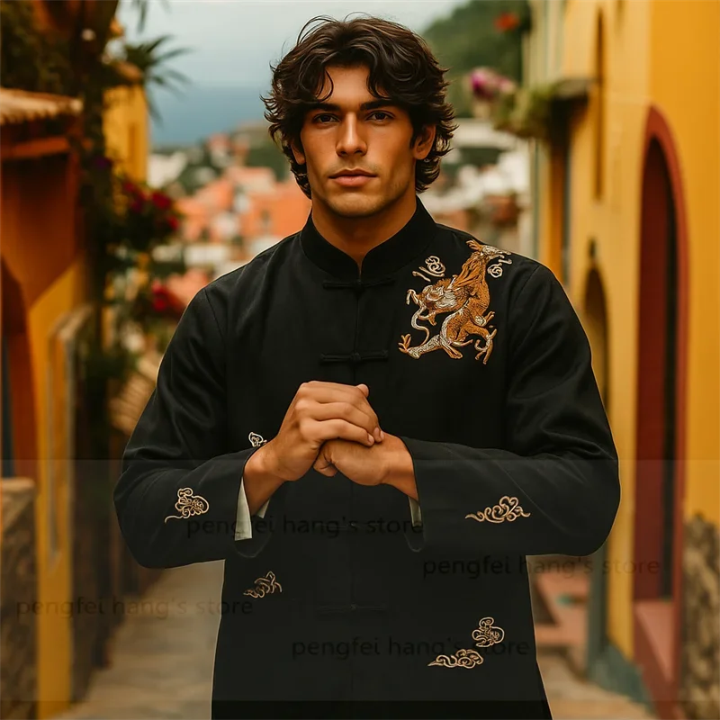 

Chinese Dragon Shirt Big Size 3Xl Black Tang Clothes Embroider Hanfu Costume Men Long Sleeve Kungfu Jacket Autumn New Outwear