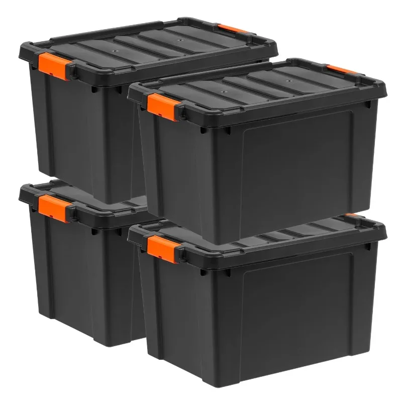 

19 Gallon Stackable Heavy Duty Plastic Storage Tote, Black/Orange, Set of 4