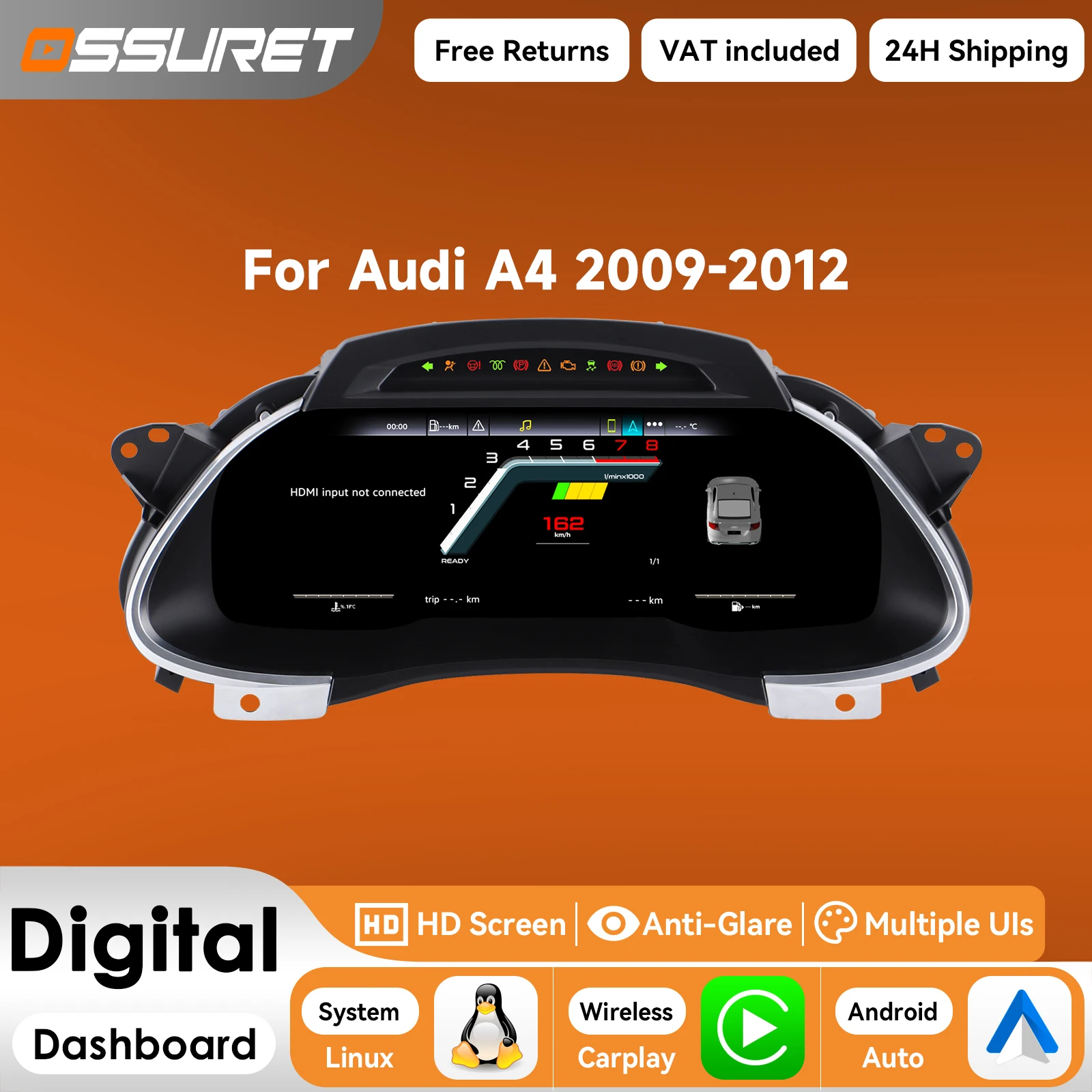 1920*720 Digitales Kombiinstrument für Audi A4 B8 8KH 2009 2010 2011 2012 Virtuelles Cockpit Tachometer