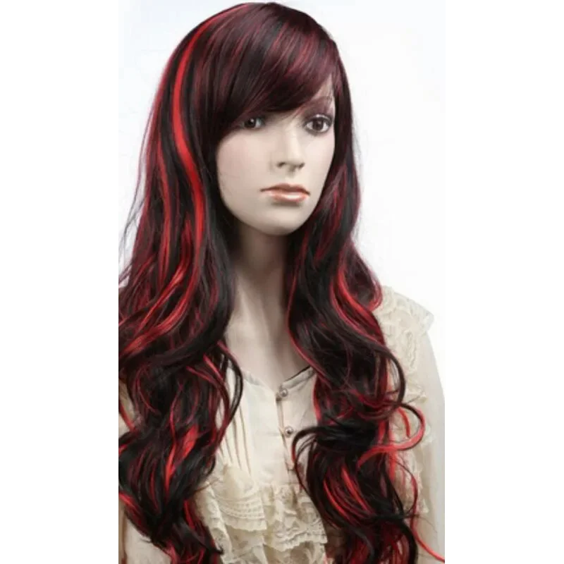 Peruca longa encaracolada Cosplay, Cabelo Multi-vermelho, Resistente ao calor, Peruca completa, Moda, az77