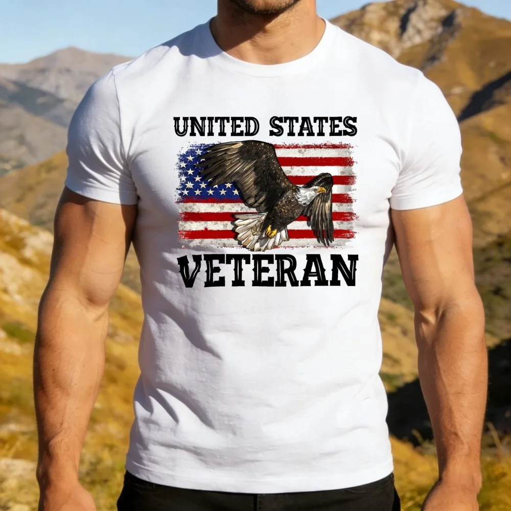 United States Veteran Graphic Shirt Men Cotton Tee Distressed American Flag Bald Eagle US Military Veteran Casual Daily Outfit