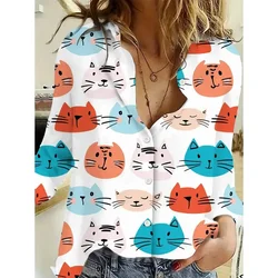 2024 New 3D Digital Cute Cat Printed Women's Shirt Temperament Long Sleeve Casual Fashion Daily Spring and Autumn Long Sleeve To