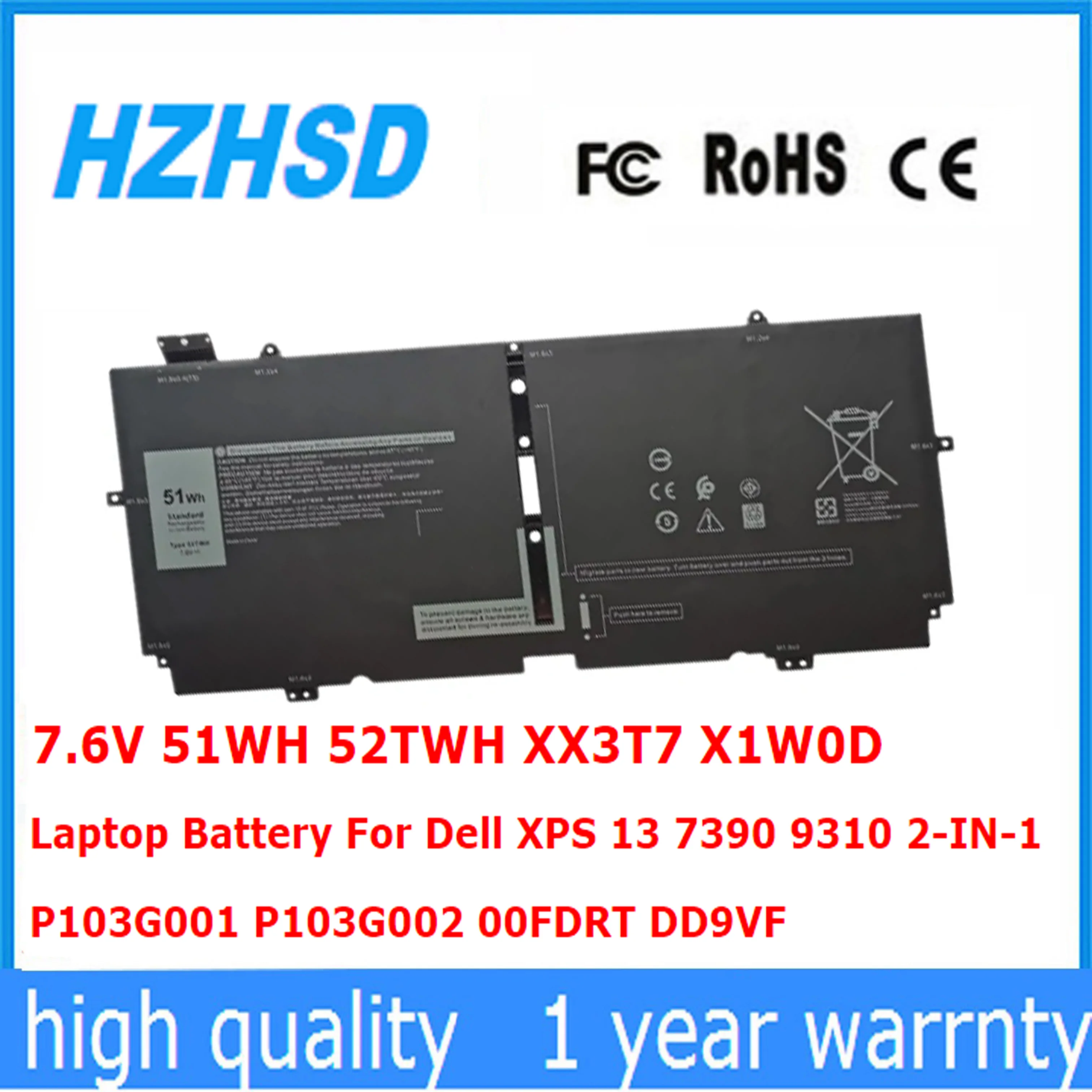 

7.6V 51WH 52TWH XX3T7 X1W0D Laptop Battery For Dell XPS 13 7390 9310 2-IN-1 P103G001 P103G002 00FDRT DD9VF