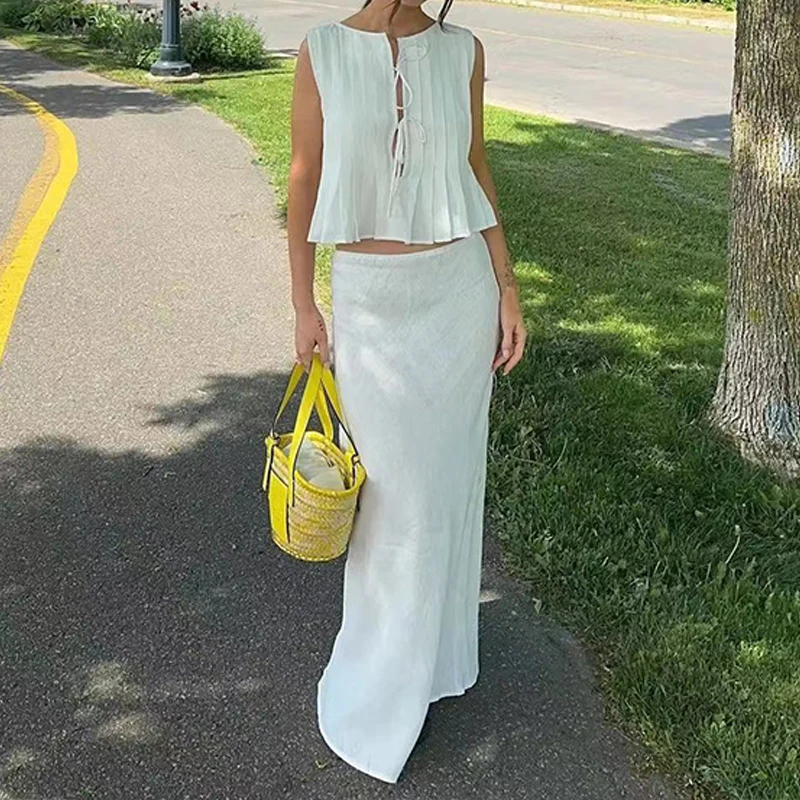 BKLD Urlaub Street Style Damen Baumwolle Leinen Zweiteilige passende Sets Atmungsaktive Komfort Schnürung Ärmellose Tank Tops + Midiröcke