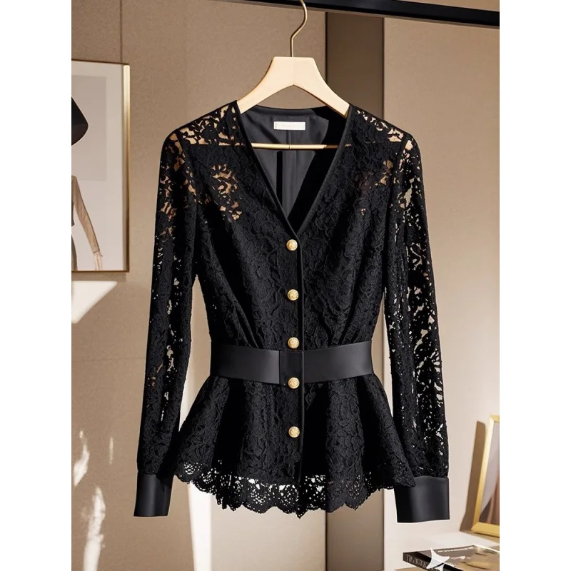 Celebrity light and familiar temperament feminine long-sleeved lace slim-fit shirt women's new high-end V-neck chic lace shirt
