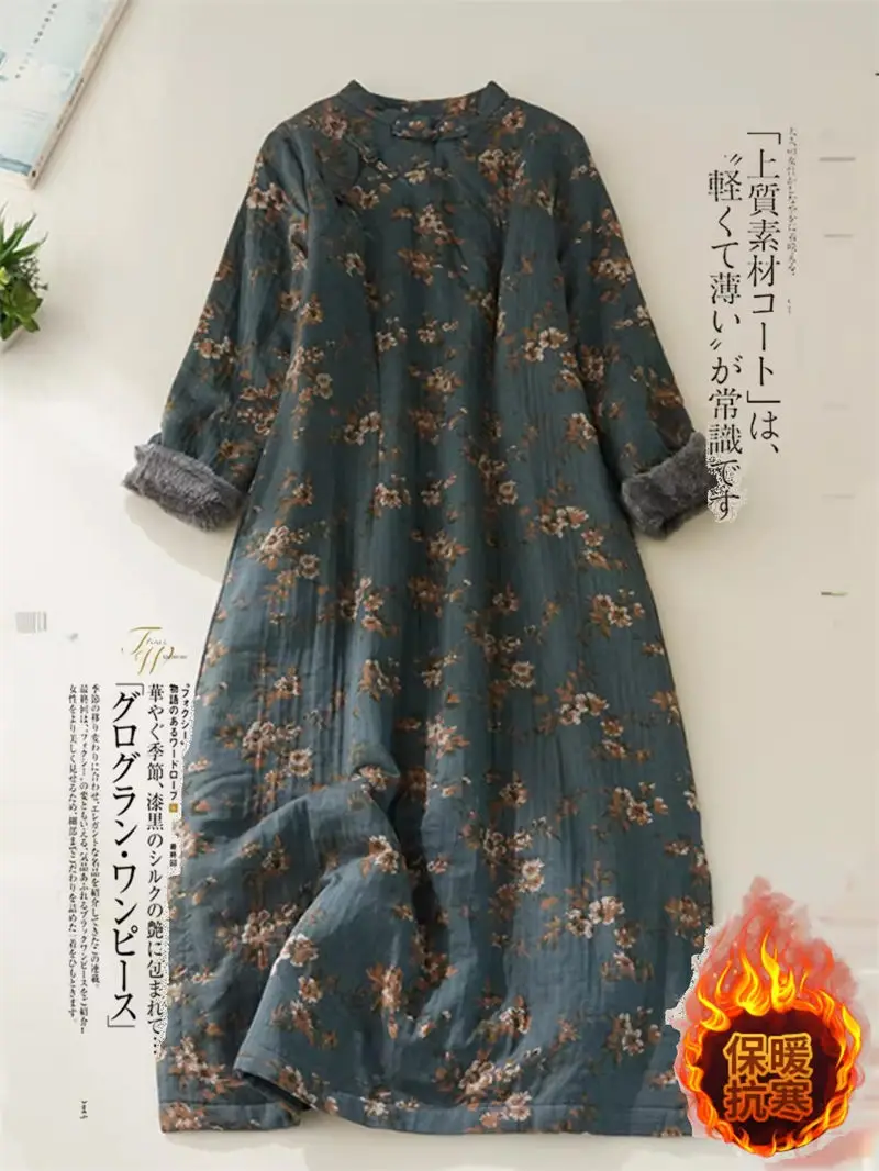 

Thickened Warm Women's Autumn Winter Fleece Dress Oversized Long Sleeve Retro Cotton Linen Stand Collar Floral Dress Z4890