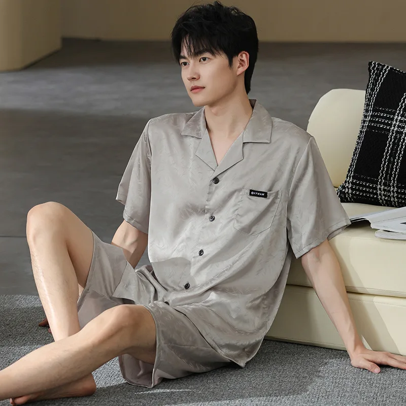 

Корейская модная атласная ночная рубашка для мужчин, кардиган, шорты с короткими рукавами, 2 шт./компл., пижамы, элегантная одежда для сна, летняя одежда для дома