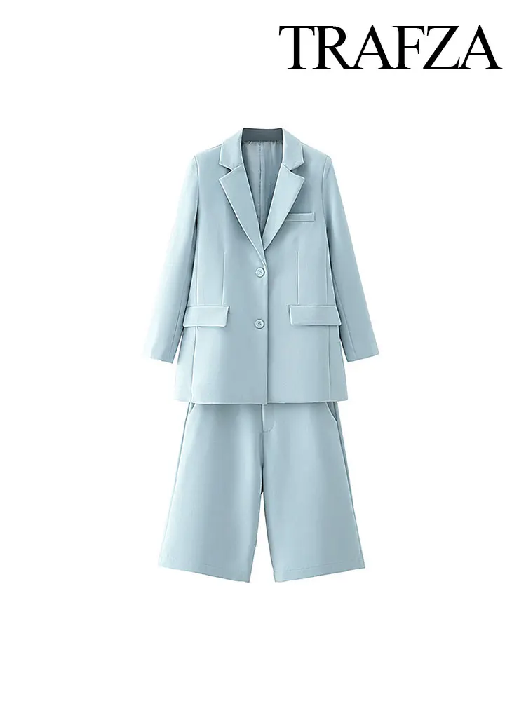 TRAFZA Fashion Retro Blue Elegant Blazer Set Long Sleeves Lapel Loose Blazer High Waist Pockets Loose Shorts Commuter Chic Set