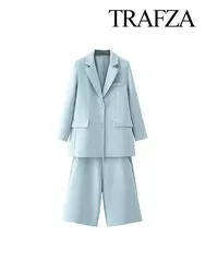 TRAFZA Fashion Retro Blue Elegant Blazer Set Long Sleeves Lapel Loose Blazer High Waist Pockets Loose Shorts Commuter Chic Set