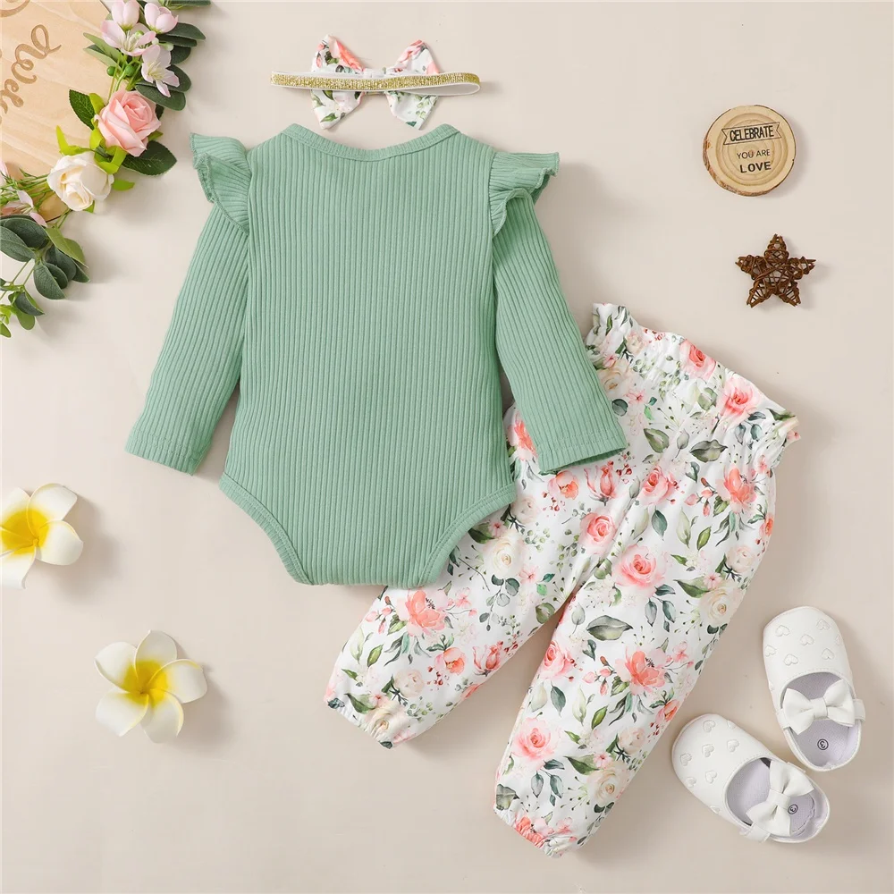 0-18 Months Baby Girl Daily Clothes Set Green Long Sleeve Romper Top + Flowers Pant with Headband Spring Lovely 3PCS Outfits