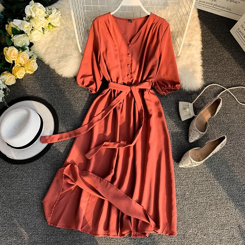 

Spring and Summer 2019 New Pure-color V Neck Short Sleeve Casual Dresses Elegant Vestidos E618