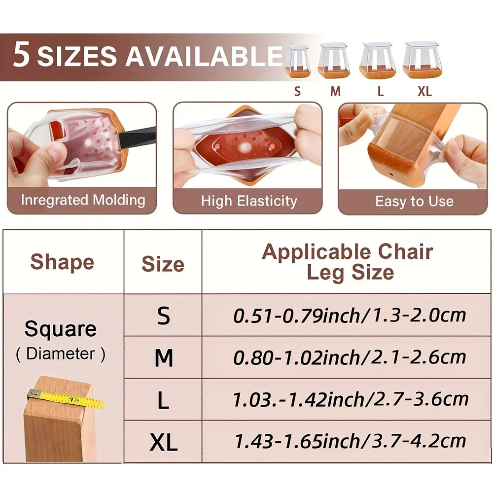 20 PCS Chair Leg Protectors Rectangle for Hardwood Floors Silicone Caps Covers Felt Furniture Pads Clear Chair Sliders
