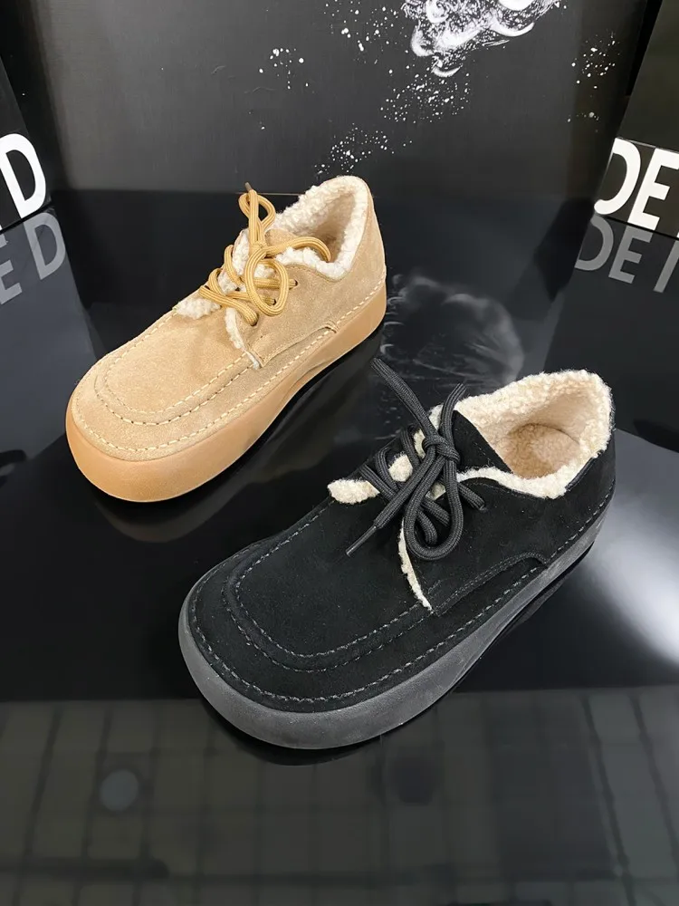 Versatile Women Winter Warm Fleece Lining Lace Up Round Toe Mid Heel Thick Platform Pumps Comfortable Cow Suede Leather Shoes
