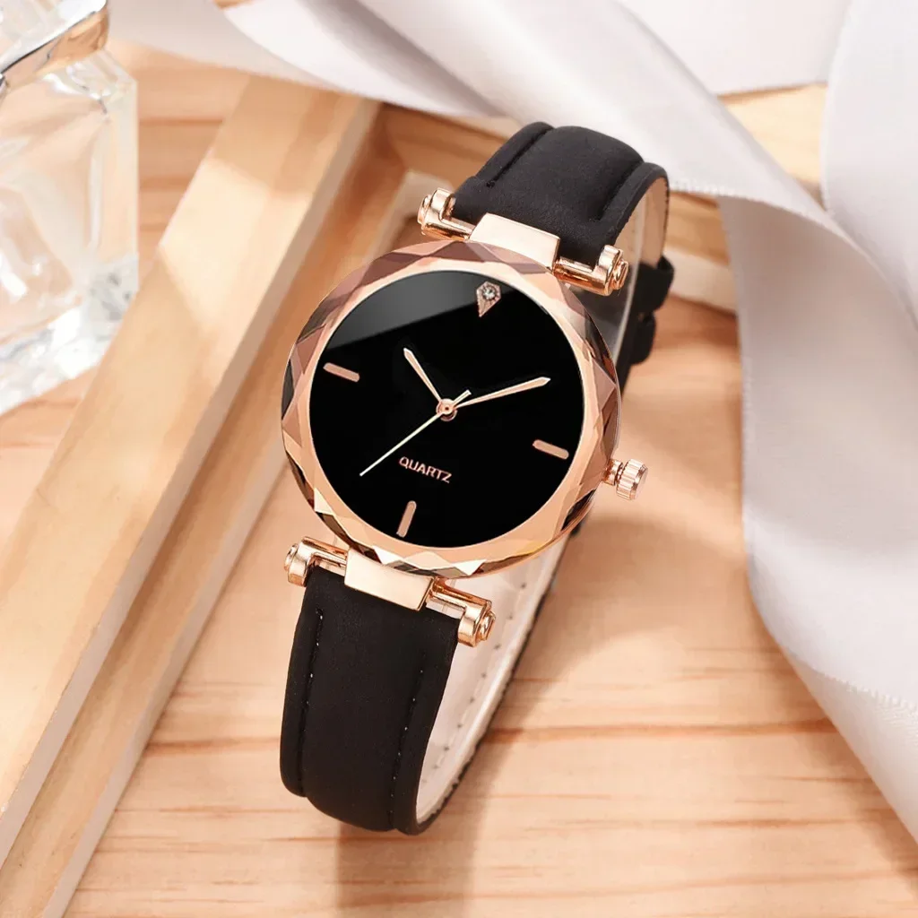 Luxury Fashion Women Watch Set PU Leather Strap Ladies Quartz Wristwatch Rhinestone RoseGold Alloy Bracelet For Ladies Gift