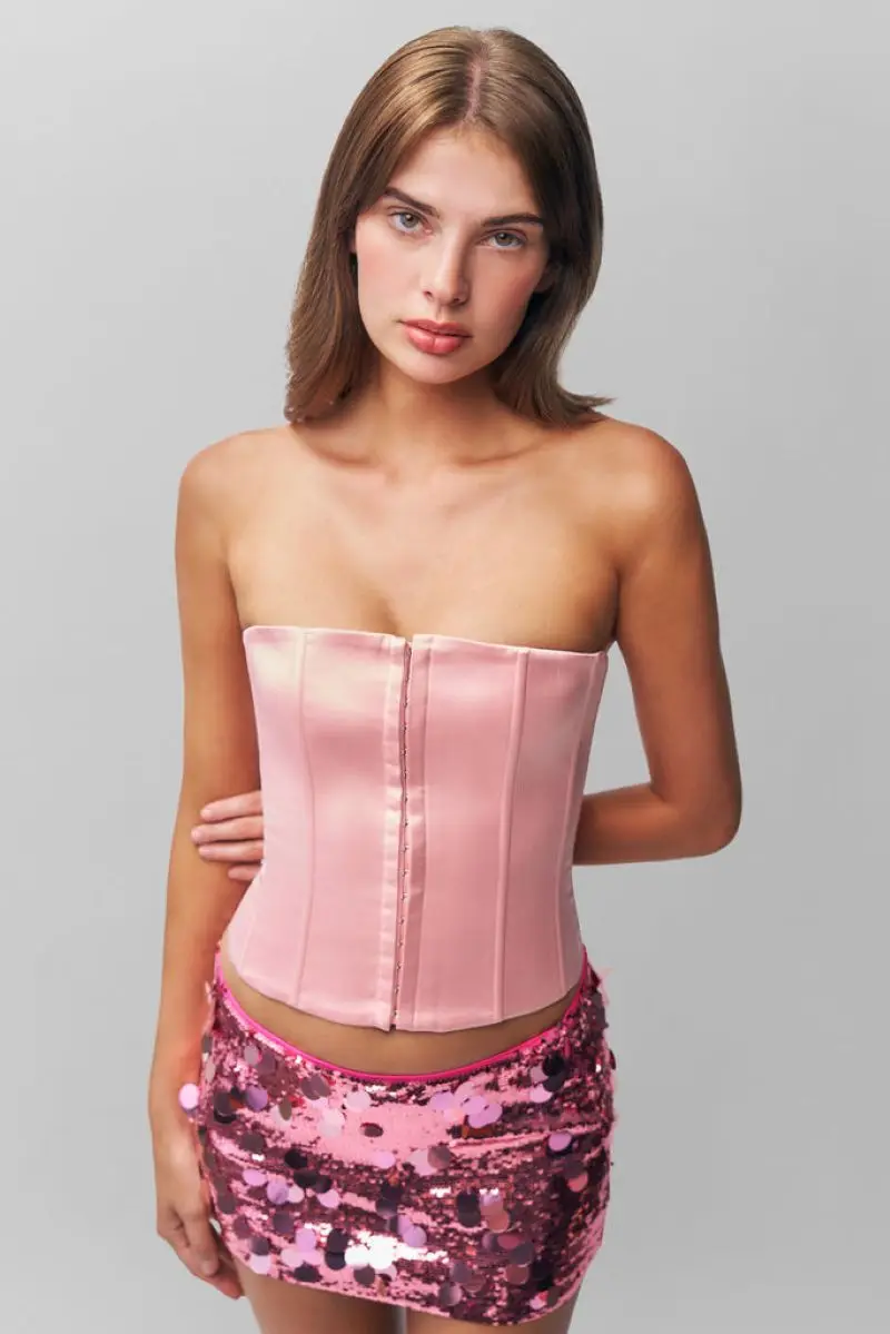 

Guiz Pink Fishbone Tube Top Sexy Tight Corset Top with Adjustable Back Straps