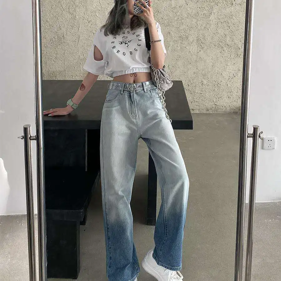 Gradient Fashion Jeans for Women 2023 New Vintage Loose Fit Slim High Waist Wide Leg Pants BF Design Feel Pants