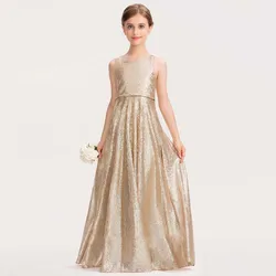 YZYmanualroom Sequined Junior Bridesmaid Dress A-line Scoop Floor-Length 2-15T