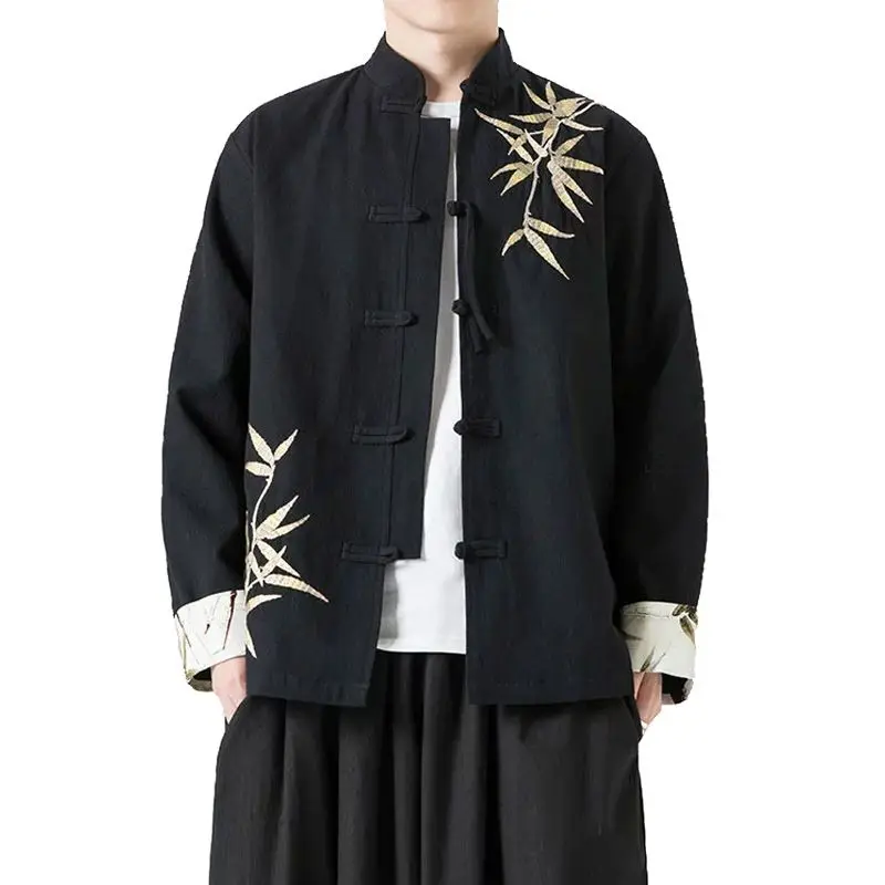 

New Chinese Sle Men's Cotton Linen Tang Suit Jaet Hanfu Bamboo Embroidery irt Loose Fit Spring Autumn Season Outerwear