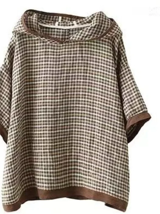 Zomer 2025, nieuwe vintage geruite dames-T-shirt met capuchon, zo, los, casual, anti-aging, high-end gevoel, irt