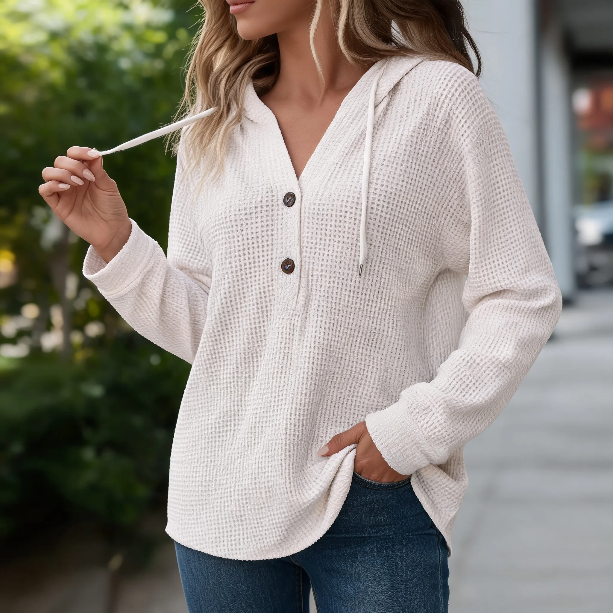 Hooded Long Sleeve Loose Fit Casual Hoodie with Japanese Korean Casual Mid Length Lightweight Polo Collar Tie Women Sweatshirt