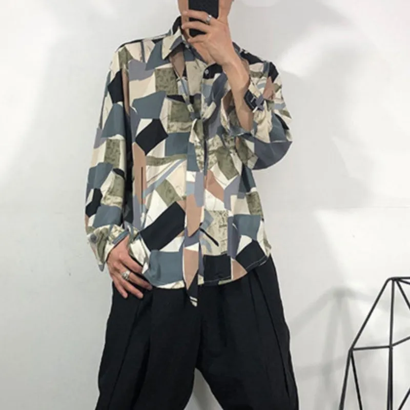Designer Trendy Men's Irregular Geometric Color Loose Long-Sleeved Shirt Harajuku Style Silky Fabric Top