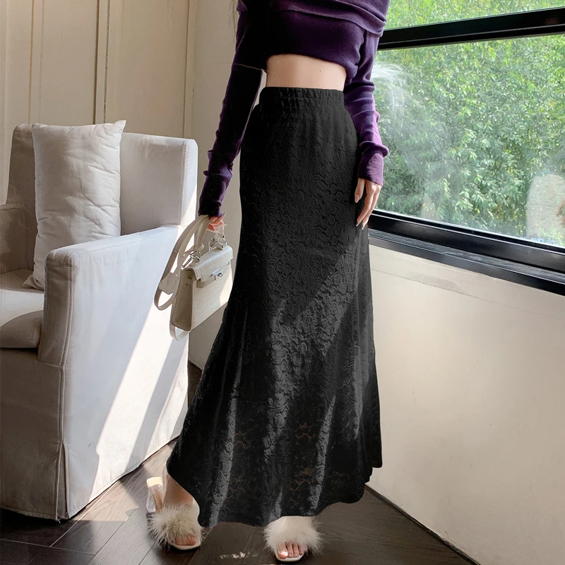 Saia Branca Bordada de Cintura Alta Versátil Retro, Midi, com Renda e Cauda, Saia Bodycon para Mulheres