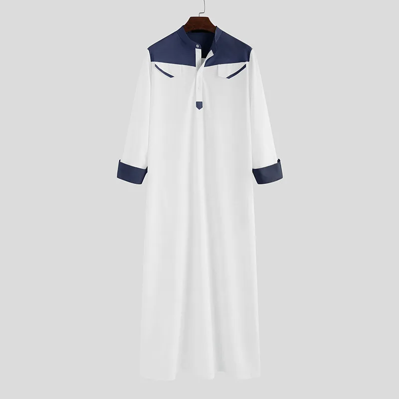 Muslim Arabic Men Clothing Loose Stand Collar Patchwork Long Sleeves Abaya Robe Middle East Islamic Dubai Jubba Thobe Pockets