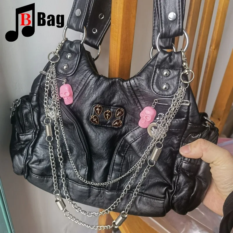 Europe America Vintage Women Girls punk Metal Chain Single Shoulder Underarm Bags Handbags Female PU Leather Large capacity tote