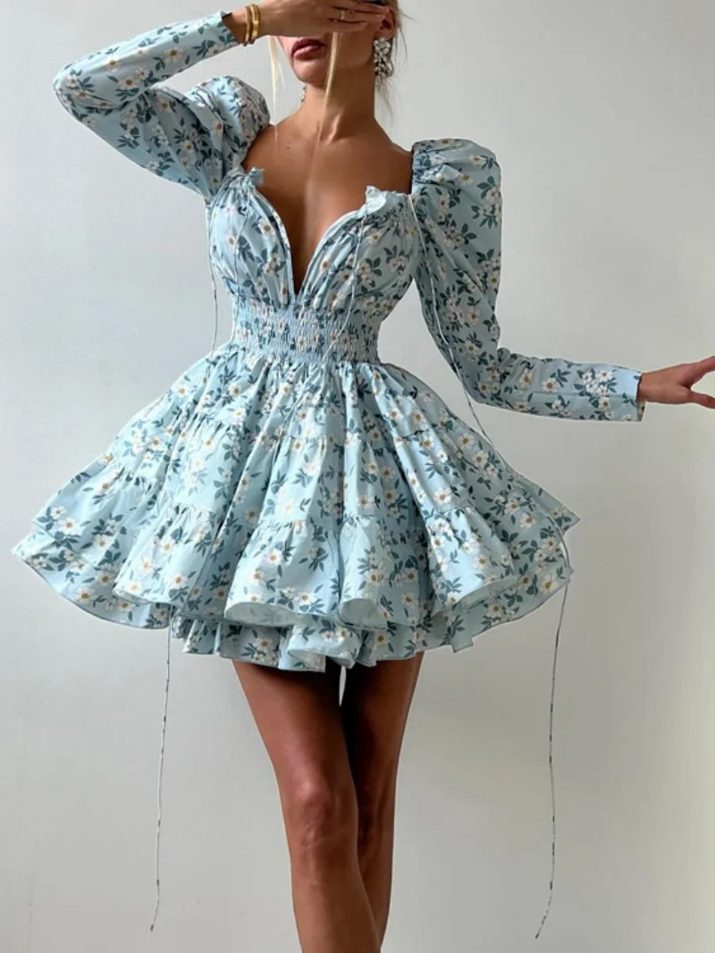Modisches Blumenmuster Bandage-Kleid Frühjahrskleidung Damen 2026 Langarm Ballkleid Mini-Kleider Festliches Abendkleid