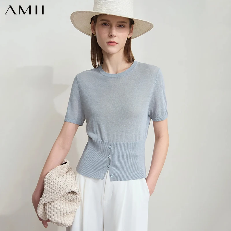 

AMII минималистичный летний элегантный тонкий свитер женский с коротким рукавом и круглым вырезом однотонные пуловеры новые модные тонкие вязаные топы 12542213