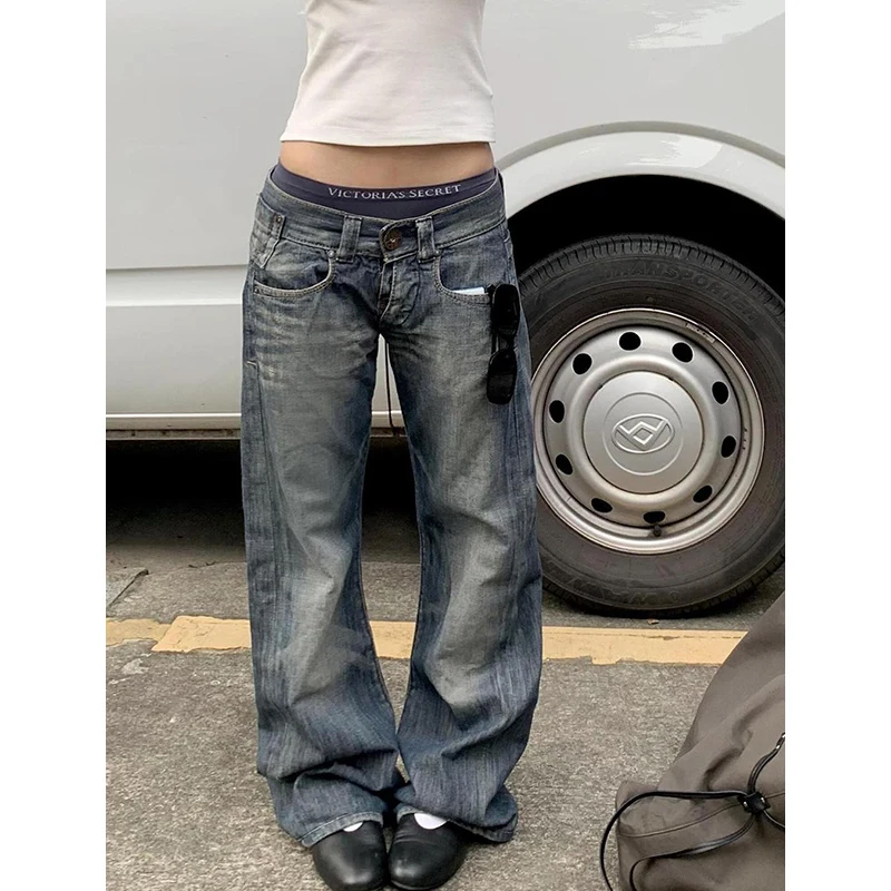 Women Vintage Blue Y2k Baggy Jeans Harajuku 2000s 90s Denim Trousers American Retro Streetwear Pants Clothes 2025 Autumn