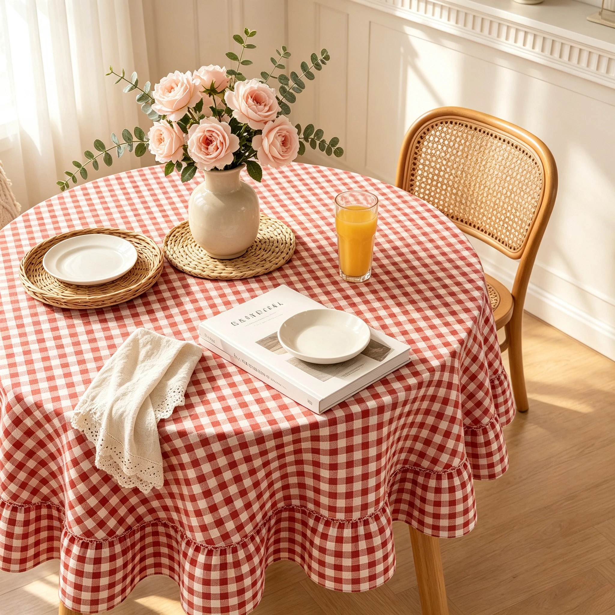 Farmhouse Gingham Tablecloth Red White Vintage Round Christmas Plaid Checkered Table Cloth for Party Picnic Kitchen Dining Room