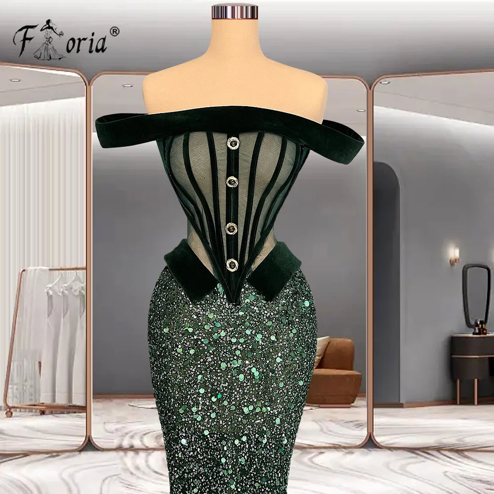 2 Styles Elegant Dark Green Sequin Mermaid Formal Evening Dresses Off Shoulder See Through Beaded Prom Dress Custom Made 2024